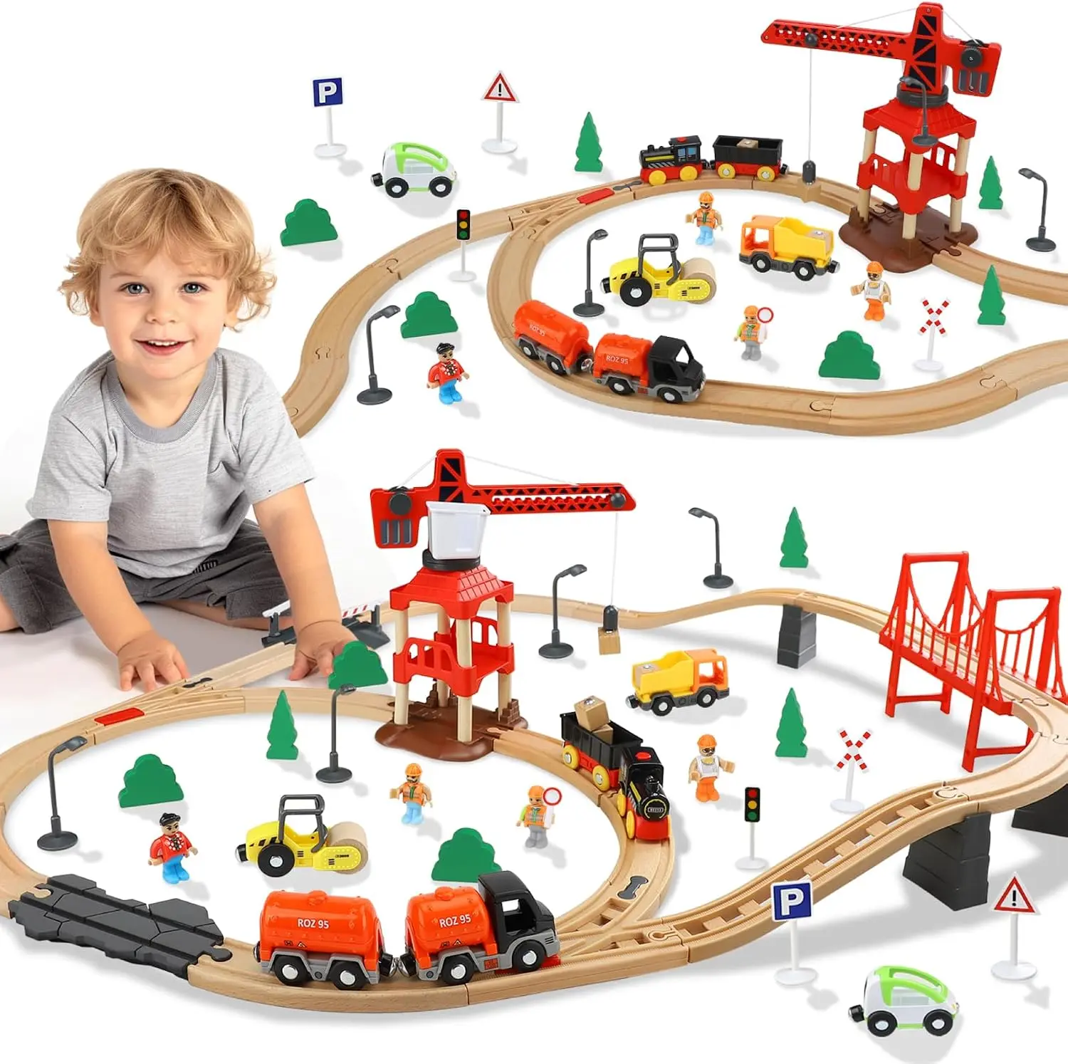 Toylife 81 PCS Wooden Train Tracks Set for Toddlers - Wooden Railway Tracks with Crane, Bridge & Construction Cars, Compatible with Thomas Brio Major Brands, STEM Wooden Toys Gift for Boys Girls Ages 3+