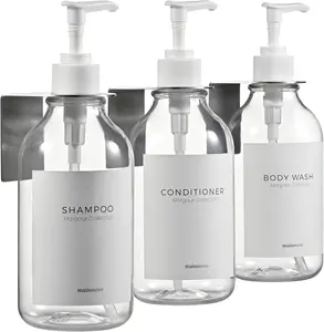 MaisoNovo Shampoo and Conditioner Dispenser-Shower Soap Dispenser Wall Mounted-16.9 fl oz Set of 3 Clear Plastic Bottles White Pump 3 Chamber No Drill