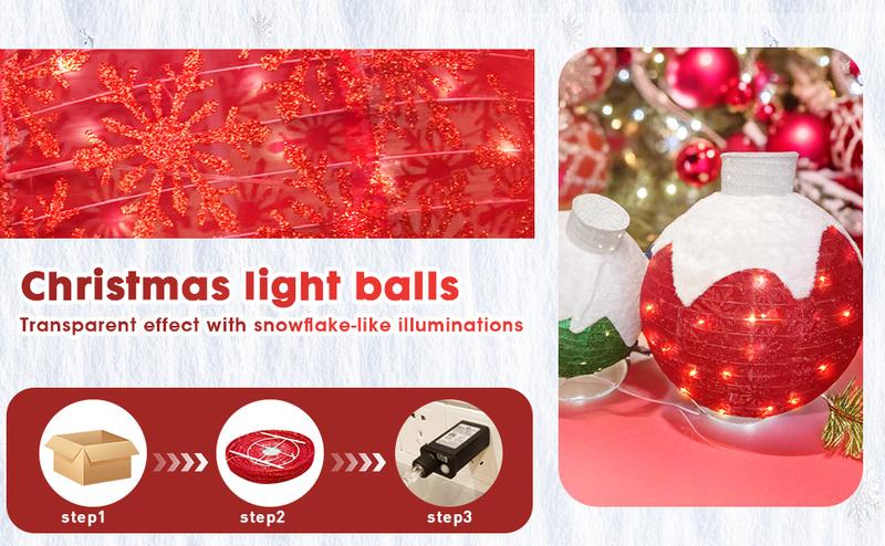 Christmas Outdoor Decoration, Christmas Ball lights, 3-Piece Pop-Up Christmas Ball Set with 184 LED Lights, Pre-Lit Iridescent, 3D Glittered Standing Holiday Display for Outdoor Ornaments