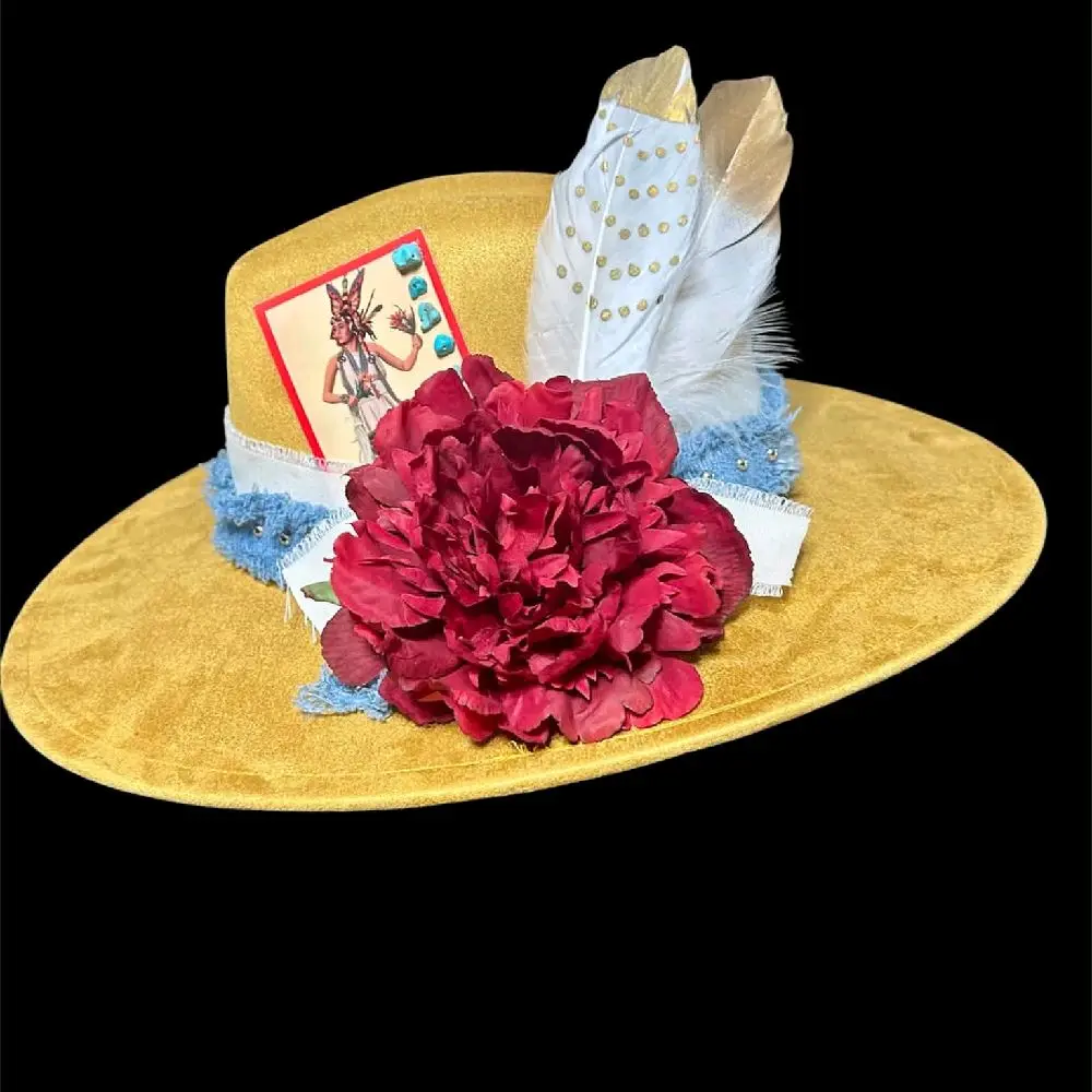 Unisex Yellow Cowboy Hat with Red Flower - All Seasons Western-Style Fashion Hat Accessory, Western Look