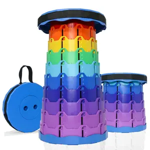 2025 XXL 19.7" Collapsible Stool,Capacity 500lbs  Adjustable Height Folding Seat for Adults and Kids, Lightweight Retractable Telescoping Stool for Camping, Travel, Fishing, Outdoor & Indoor Use (Rainbow Blue)
