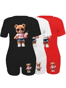 Women's Cartoon Bear Print Short Sleeve Fitted Lightweight Tee & Shorts Set, Casual Round Neck T-shirt & Shorts, Ladies Two-piece for Daily Wear Womenswear