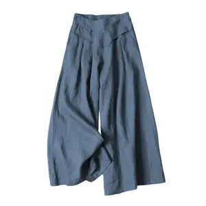 Women's Cotton Linen Wide Leg Palazzo Culottes Pants Elastic High Waist Capri Trousers with Pockets for Lounge