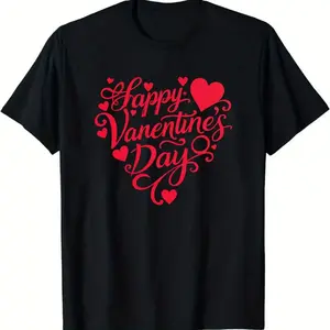 Happy Valentine's Day Heart Decorated Black Short-Sleeved T-Shirt - Round Neck, Red Text & Hearts Pattern, Casual Breathable Tee for Valentine's Day Gift100% cotton,sizes S-XXXL