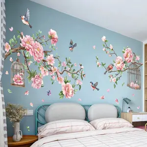 Cherry Blossom Tree Bird Wall Sticker, Ideal for Bedroom TV Background Dining Room Home Decor, Universal Flat Sticker Type