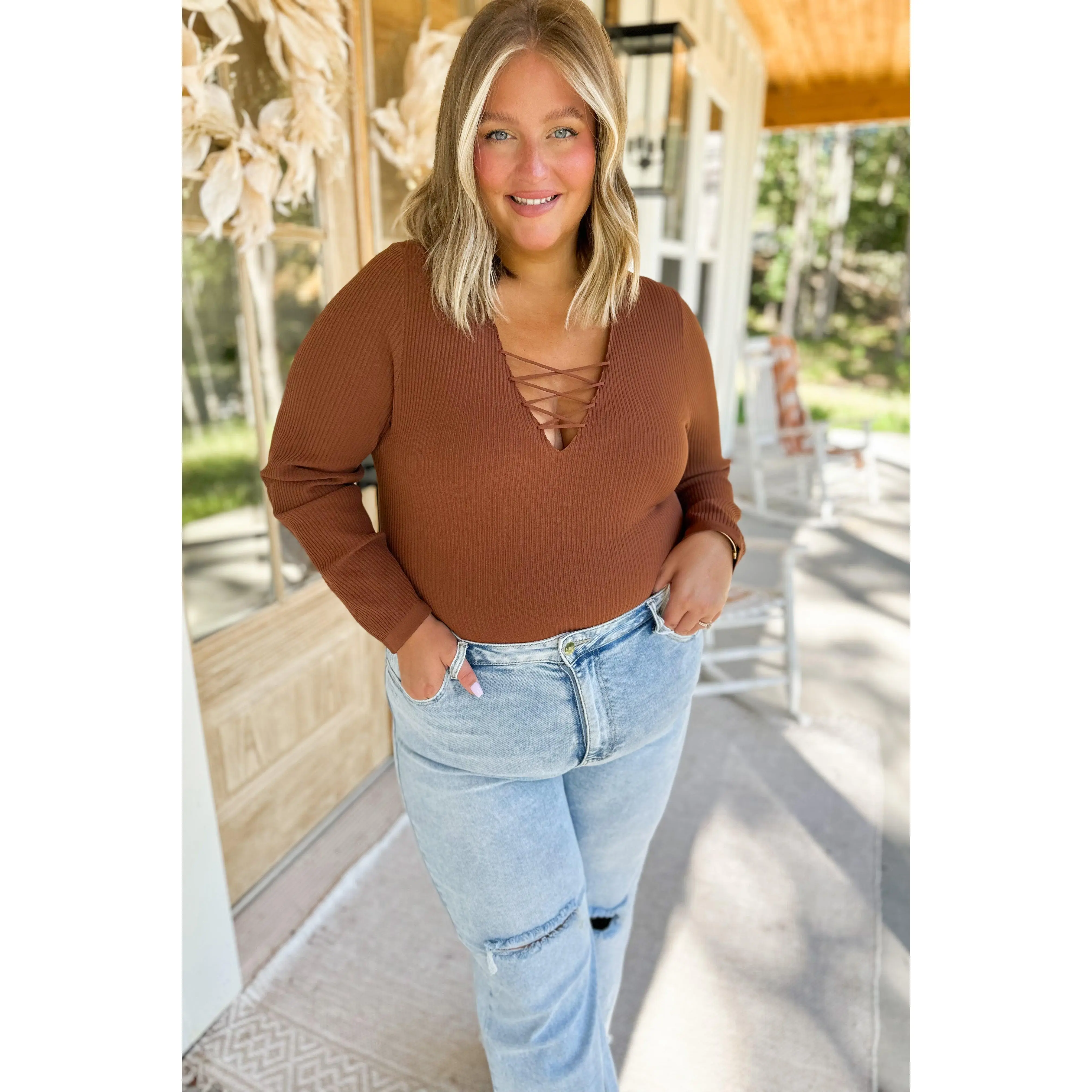 Kayce Ribbed Lace-up Long Sleeve Bodysuit Sweater *FINAL SALE*