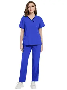 High Quality Pet Doctor Nursing Grooming Costume Set Unisex V Neck Short Sleeve Top with Elastic Waist Pants Pet Dentist Workwear Veterinary Work Clothes