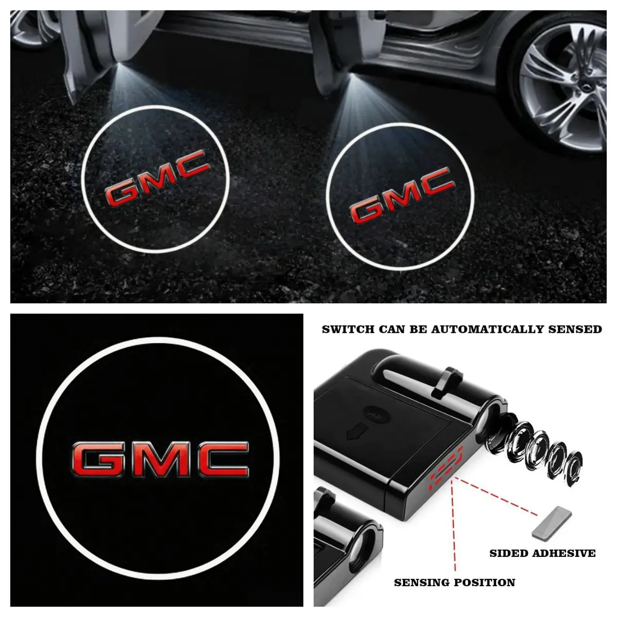 4-Pack GMC Logo Car Door LED Welcome Projector Lights, Compatible with GMC Sierra/Yukon/Acadia Vehicles, Peel-and-Stick Non-Destructive Drill-Free Waterproof Courtesy Lights, GMC Exterior Lights, Led Lights For Car, Car Light Embellishments