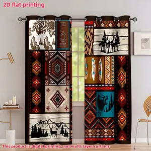 2D Flat 2Pcs Tribal Print Window Curtains with Rings, Semi Sunshade Patterned Drapes for Living Room Bedroom Decor, Southwest & Bohemian Inspired Home Accents, Privacy Enhancing Panels, Indoor Dressing