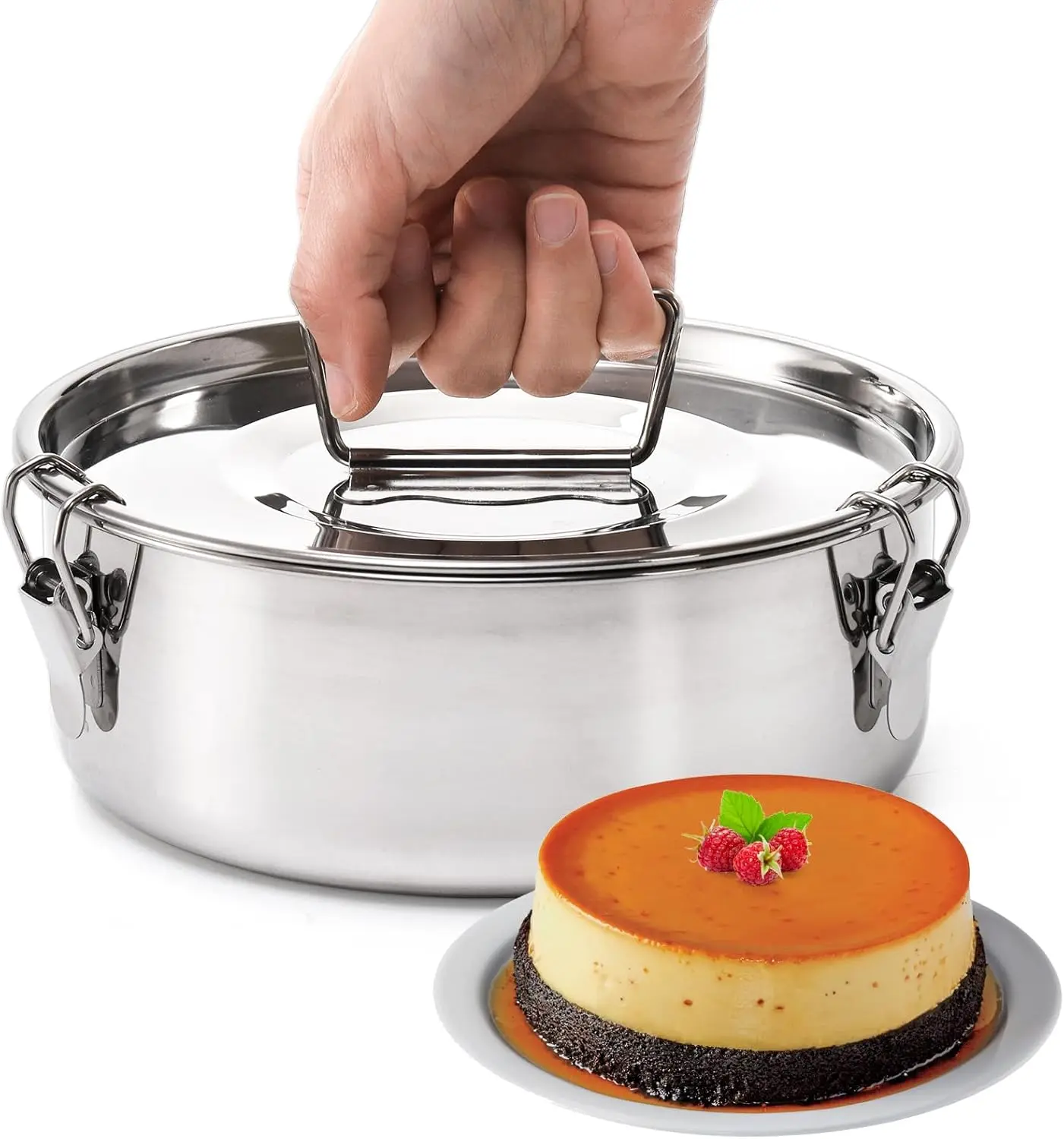 18/8 Stainless Steel Flan Mold, 65 Oz Flan Pan with Lid and Handle, Flanera Flan Maker Mold Compatible with 6 Quart