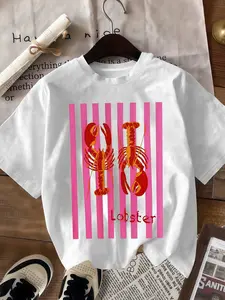 Tiktok Fun Lobster Stripe Print Round Neck Crewneck Graphic T-Shirt, Loose Oversized Lazy Style, Breathable Cotton Fabric, Casual Home Wear, Beach Vacation