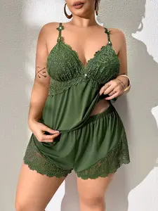 SlaySleep x Plus Size Lace Patchwork Elastic Knit Sexy Backless Camisole & Shorts Pajama Set