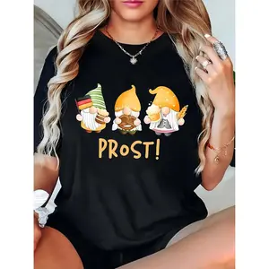 Women's Oktoberfest Gnome T-Shirt with German Flag, Beer, Pretzel & 'PROST!' Print - Casual Festival Party Daily Wear 100% Cotton T-shirt