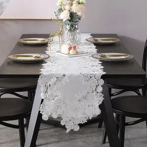 Elegant Classic Appeal Floral Embroidered Lace Square Shape Table Runner, Linen Stitched Durable Decorative Tablecloth for Thanksgiving or Christmas Decoration