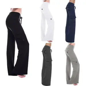 Women's Elastic High Waisted Wide Leg Lounge Pants with Pockets - Cargo Style for Fitness & Casual Wear - Plus Size - Polyester & Spandex Fabric - Womenswear, Comfort