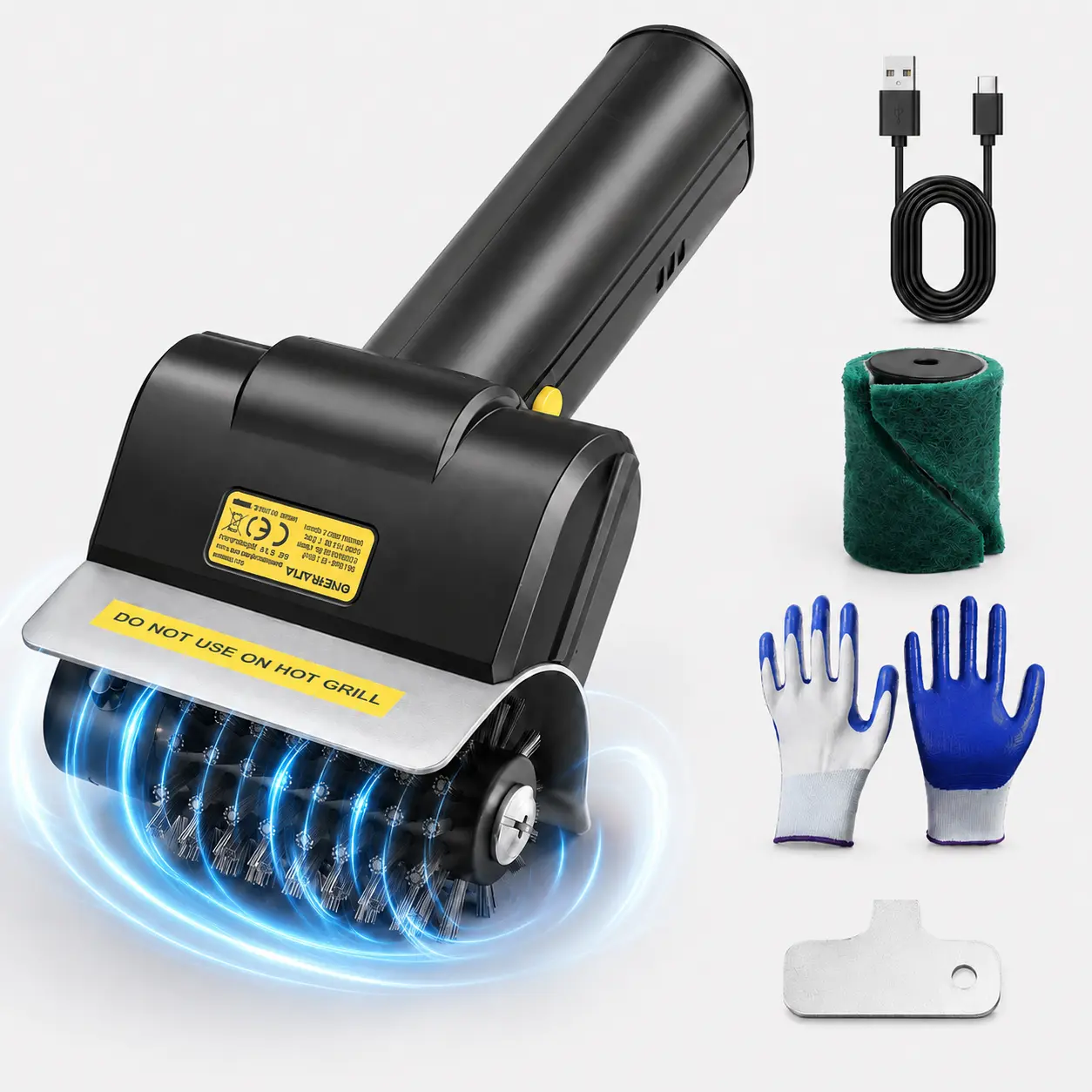 Electric Grill Brush, Rechargeable BBQ Cleaner with Steel Bristles | LED light, steel bristles, 100+ min runtime, 2 cleaning pads, gloves, wrench, for outdoor grills and camping