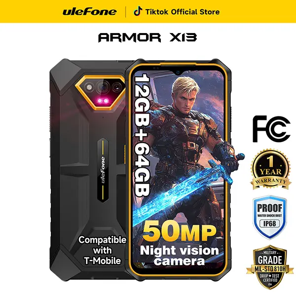 Ulefone Armor X13  Unlocked Rugged Phones Suit With Phone Case ,12GB RAM(6GB+6GB virtual RAM)+64GBROM, 4G Smartphone 50MP+24MP Night Vision Camera, 6.52" HD+,IP68/IP69K Waterproof Phone,  6320mAh, Android 16,  NFC/OTG/GPS/Fingerprint ID, Cellphone, Mobile