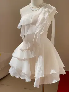 Women's Elegant Asymmetrical Neck Ruffle Layered Evening Dress, Fitted Party Gown for All Seasons, Stylish and Sophisticated Design