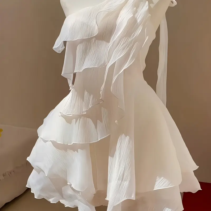 Women's Elegant Asymmetrical Neck Ruffle Layered Evening Dress Fabric, Fitted Party Gown for All Seasons, Stylish and Sophisticated Design