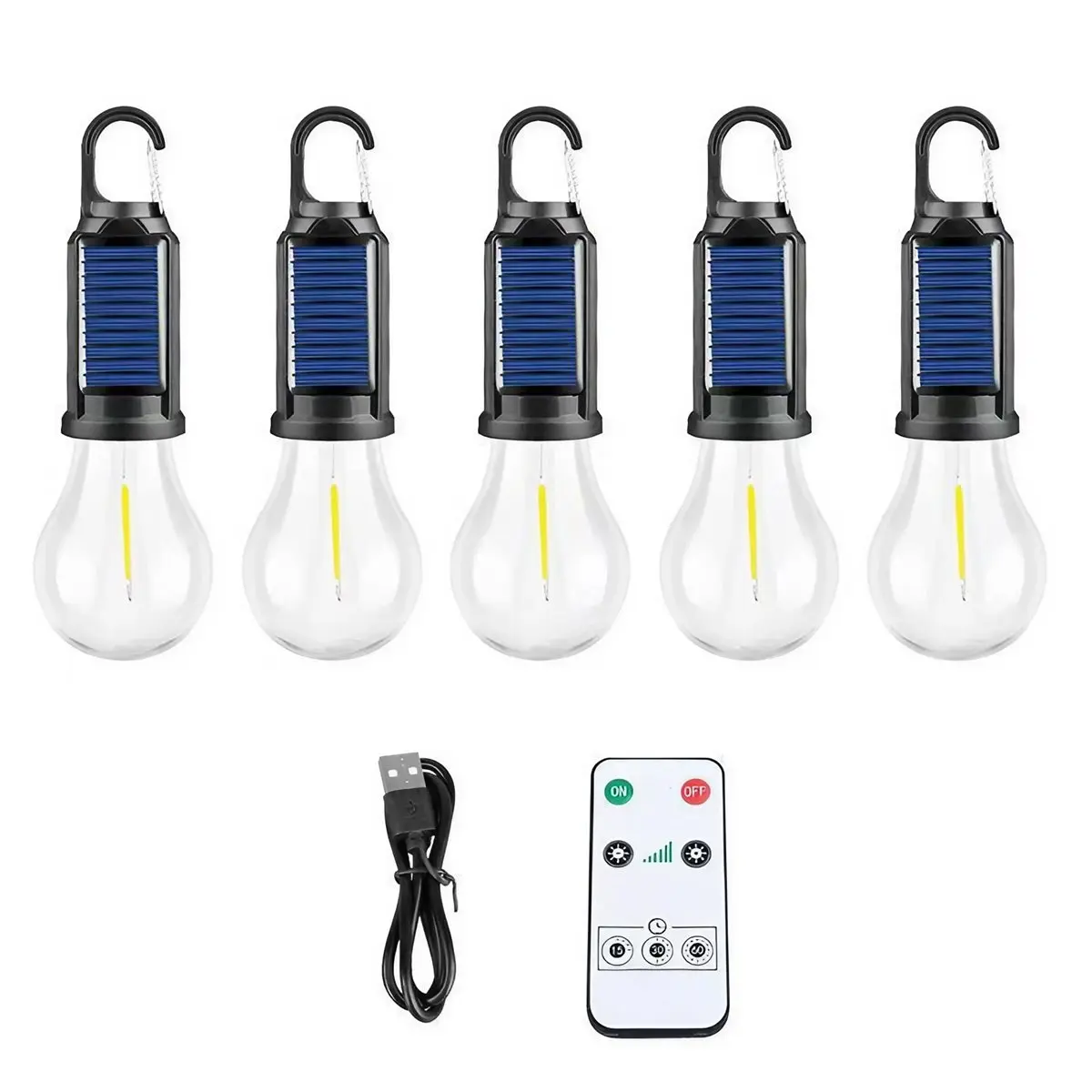 5Pcs Solar-Powered Hanging LED Light Bulbs, Waterproof Push Button Adjustable Solar Outdoor Lights for Camping, Emergency Kits & Household Appliance Use