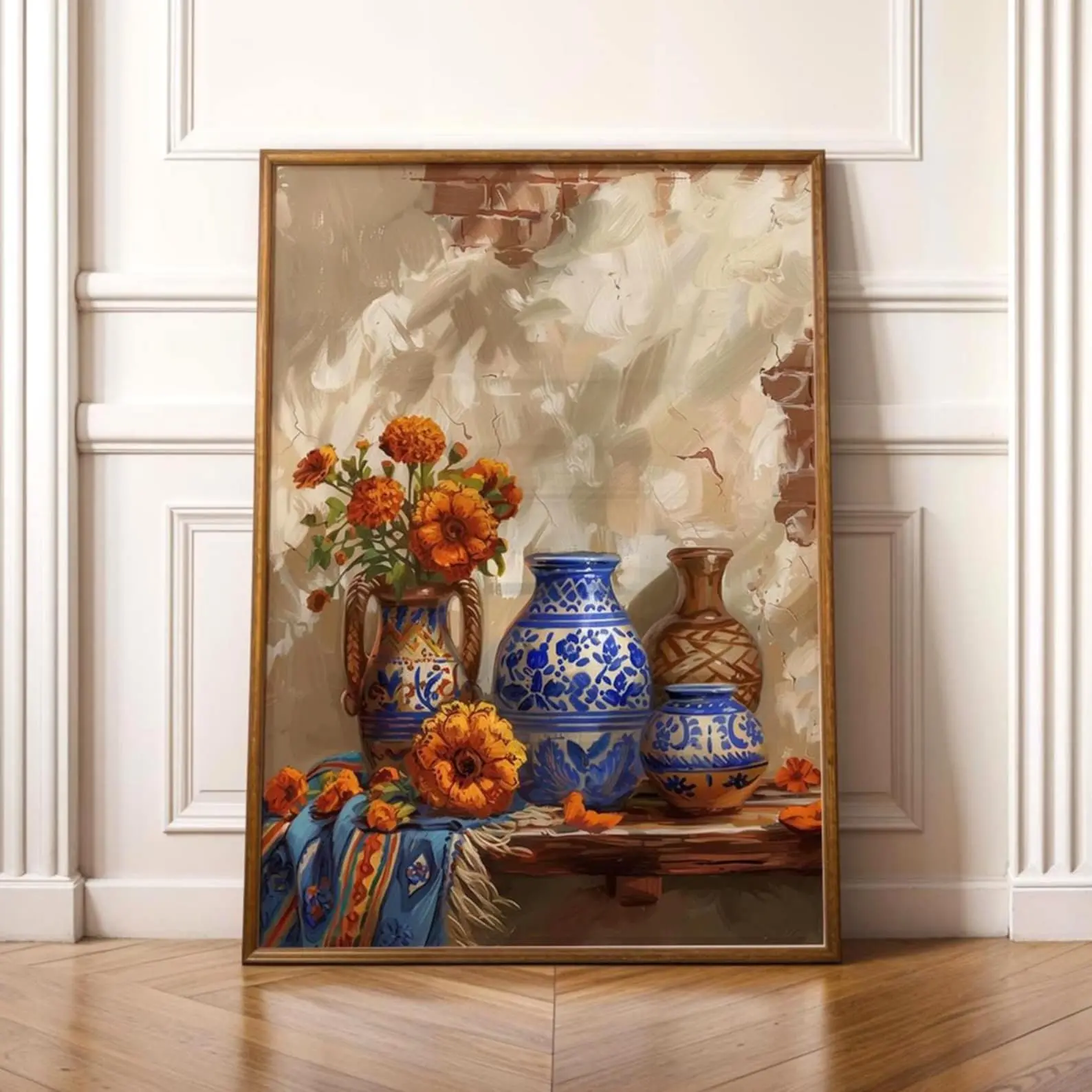 Mexican Talavera Vase Print Poster Hispanic Heritage Marigold Cempasúchil Wall Art Latinx Kitchen Decor Rustic Blue Pottery Art Print