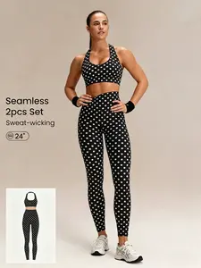 Women's Retro Polka Dot Sporty 2-Piece Set, High Waist Tight Pants + Halter Sports Bra, Quick-Dry, Four-Way Stretch, Yoga, Fitness