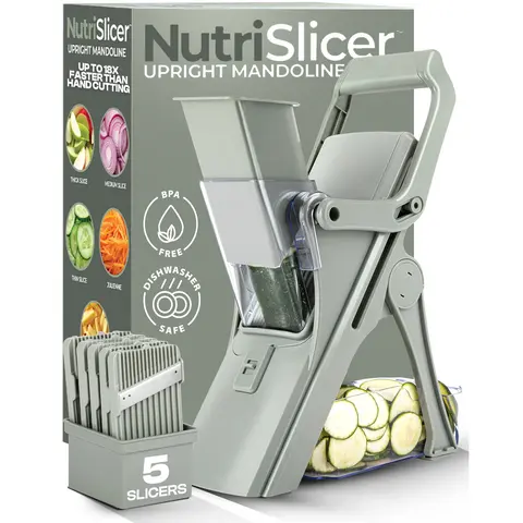 NutriSlicer Upright Mandoline - 5 Ultra-Sharp Blades, Dishwasher Safe, Ergonomic Handle, Compact Design, Safe Food Chute Guard, Stable Feet, BPA-Free, Multi-Function Slicer & Chopper
