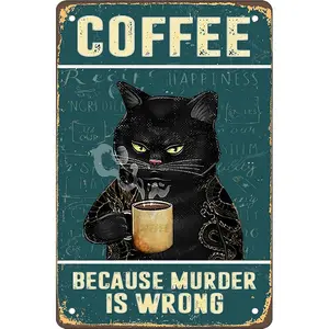 Vintage Metal Sign Cat Before Coffee I Hate Everyone Retro Art Wall Decor Fun Home Decoration for Bars Cafes Farmhouse Rooms 12x8 Inches