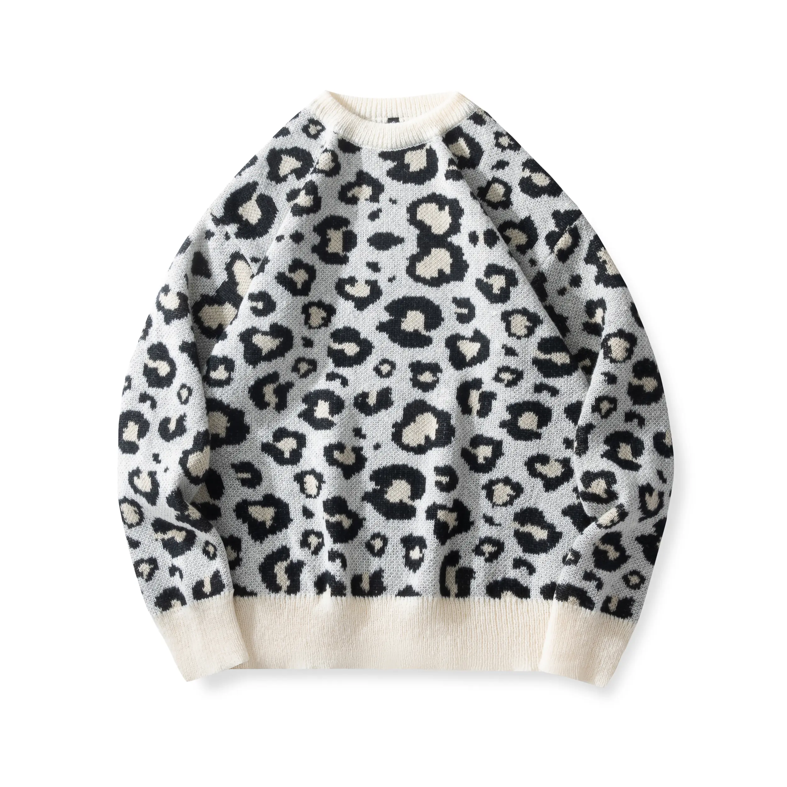 Men's Leopard Print Knit Pullover Top - Menswear Long-Sleeve Crew Neck Warm Casual High-Street Unisex Polyester Knit Pullover Tops, Longsleeves