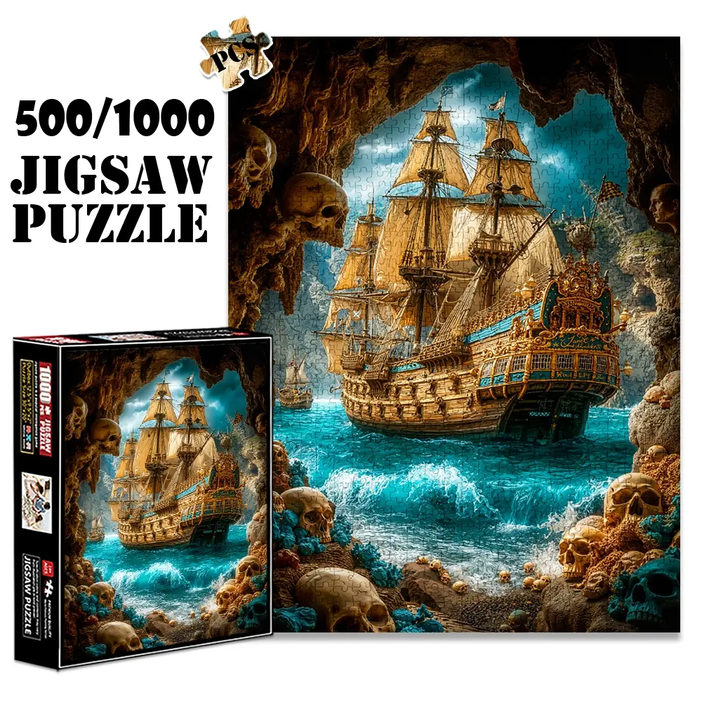 1pc 1000 piece adult puzzle 70x50cm Pirate Ship in Cave with Skulls and Ocean Waves 500 pieces of paper jigsaw puzzle, suitable for adults and families, large-scale DIY puzzle interactive toy game