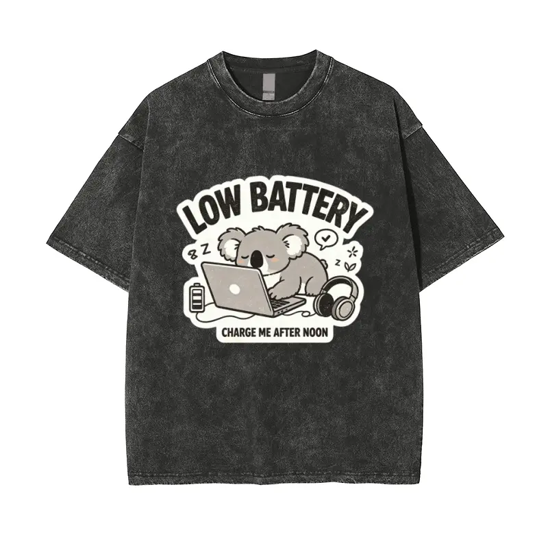 New Arrival Limited Time Deal - Low Battery Graphic Tee, Vintage Washed Black T-Shirt with Funny Sleepy Koala Laptop Print, Casual Shirt for Men & Women Crewneck Breathable Day Jackets Jeans Menswear