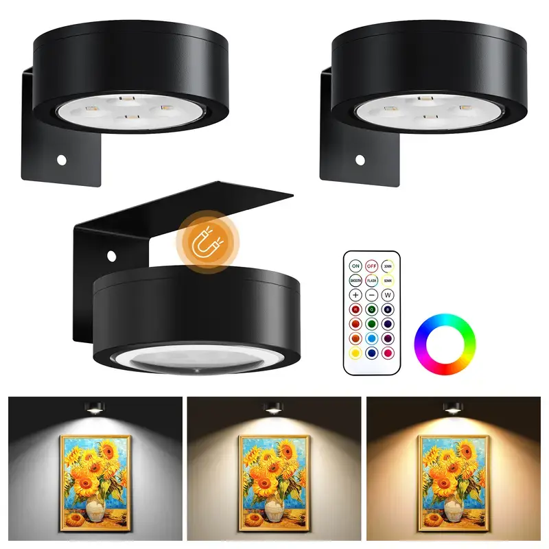 3-Pack Rechargeable Picture Wall Lights, Adjustable RGB LED Battery-Powered Color-Changing Dimmable Lamp with Remote, Timer, Magnetic Wireless Renter-Friendly Decorative Lights for Art Displays (Mother’s Day Gift)