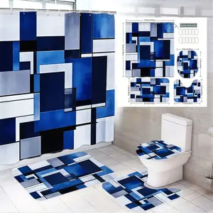 4pcs Modern Abstract Geometric Bathroom Set, Bathroom Decor, Stylish Blue, Shower Curtain Sets, Asymmetrical Design, Bath Mats, Toilet Seat Cover, The floor mat fabric is thicker and softer. Perfect for Refreshing Your Space This Holiday Season