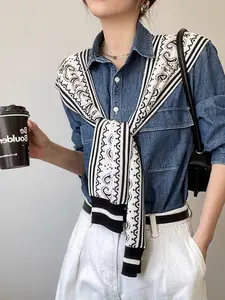Multi-Pattern Print French Retro Style 55.3% Viscose 26.1% Polyester 18.6% Nylon Detachable Collar Knit Shawl, Daily Commute Spring Autumn Versatile Slimming Aesthetic TikTok Viral Accessory