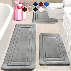 Bathroom Mat Set, 3 Counts/set Non-slip Soft Absorbent Bath Mat & U-shape Mat, Bathroom Accessories for Home Dormitory Hotel Salon