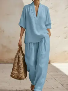 2026 Summer New Women's Co-ord Set Linen, Solid Color Minimalist Casual Comfortable Breathable Set, Loose-Fitting Half Sleeve Ankle Length