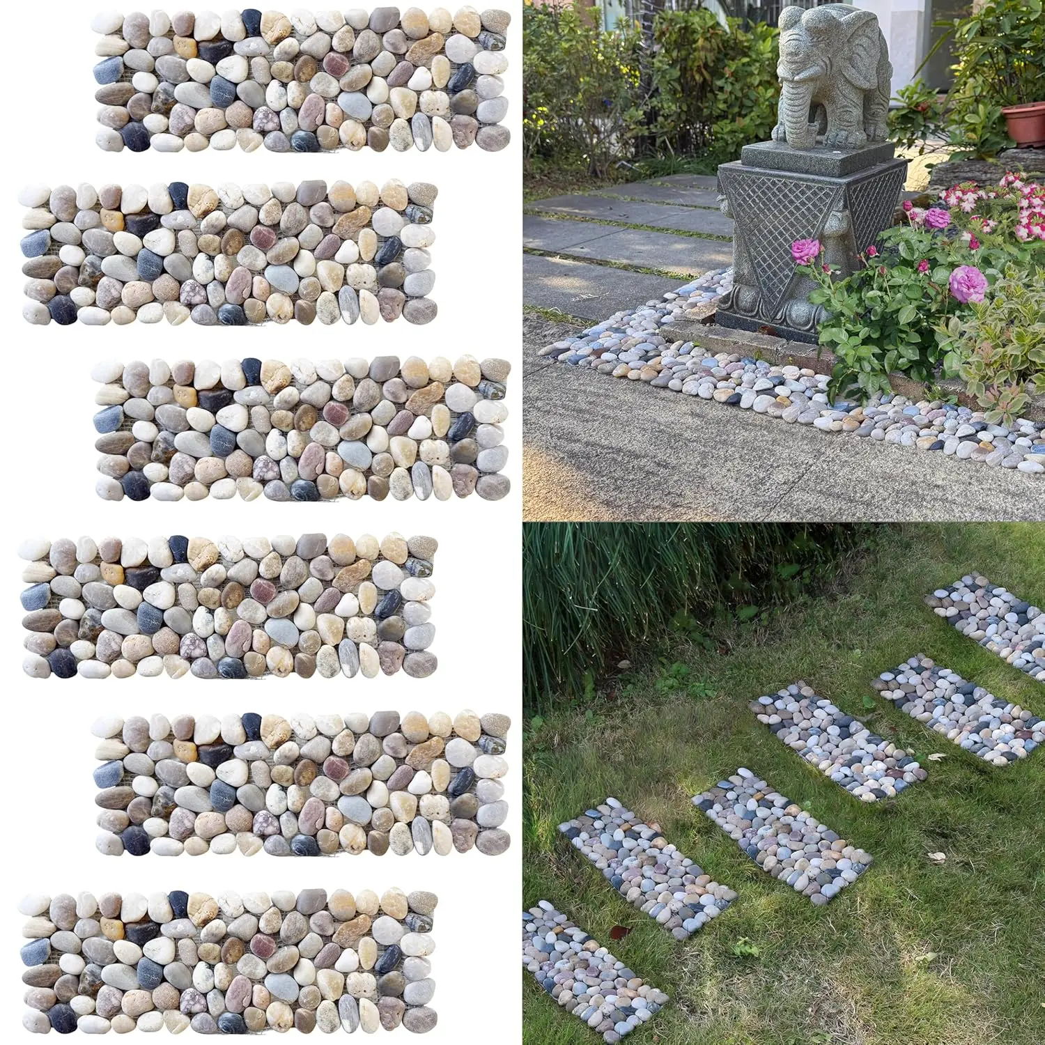 [Summer Sale Deals] 6 Pcs  River Rock Stepping Stones, Rectangles Pebbles Polished Gravel, Outdoor Pebble River Stone Mat for Yard Lawn Patio Pathway Landscaping, Garden Accessories, Non Slip Stone