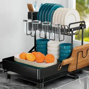 Dish Drying Rack for Kitchen Counter, Stainless Steel 2 Tier Dish Rack w Drainboard, Foldable 360 Rotatable & Expandable Drainer, Space-Saving Dish Strainers for Kitchenware