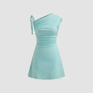 Cider [size 0-26] Asymmetrical Neck Solid Floral Drawstring Ruched Mini Dress
