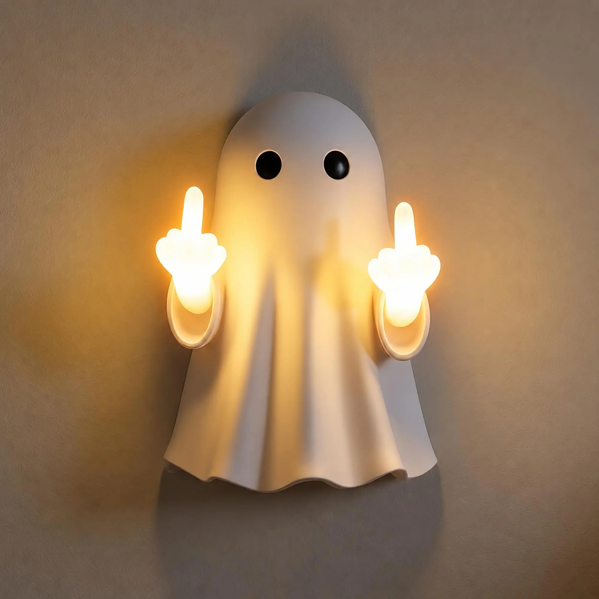 Ghost Wall Light, Cute Ghost Night Light with Middle Finger Gesture, Funny LED Wall Lamp for Bedroom Halloween Decor Home Office Gift