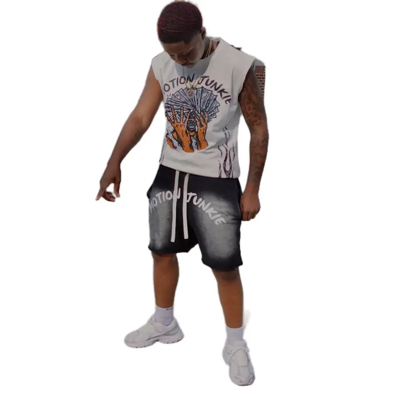 Motion Junkie Short Sets - Men's Sleeveless Top & Denim Shorts Combo - Trendy Athletic Wear