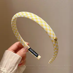 Korean Style Yellow Brightening Plaid Pattern with Logo Thin Hairband for Women Anti-Slip Headband for Washing Face Outdoor Hair Accessory 2025 New Hair Ornament