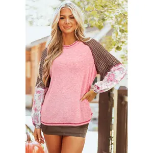 Fushia Mixed Print Patchwork Raglan Ribbed Knit Top