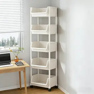 5 Layer Multi-Functional Mobile Lightweight Plastic Storage Cart with Wheels, Stackable Shelving Organizer for Bedroom Kitchen Bathroom Living Room