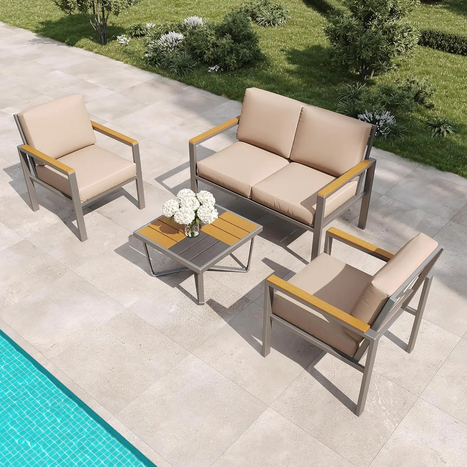 [Summervibes]4-Piece Outdoor Patio Furniture Set with Cushions, Wood-Like Armrests, Coffee Table, and Versatile Design for Garden, Porch, and Yard, Modern Patio Set, Patio Furniture Sets, Porch Furniture Set