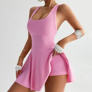MUSE Theory Removable Padding Backless Design U-Neck Ribbed Fabric Tummy Control Seamless Sports Skort Dress Casual Elegance Tennis Dress For Women Theory