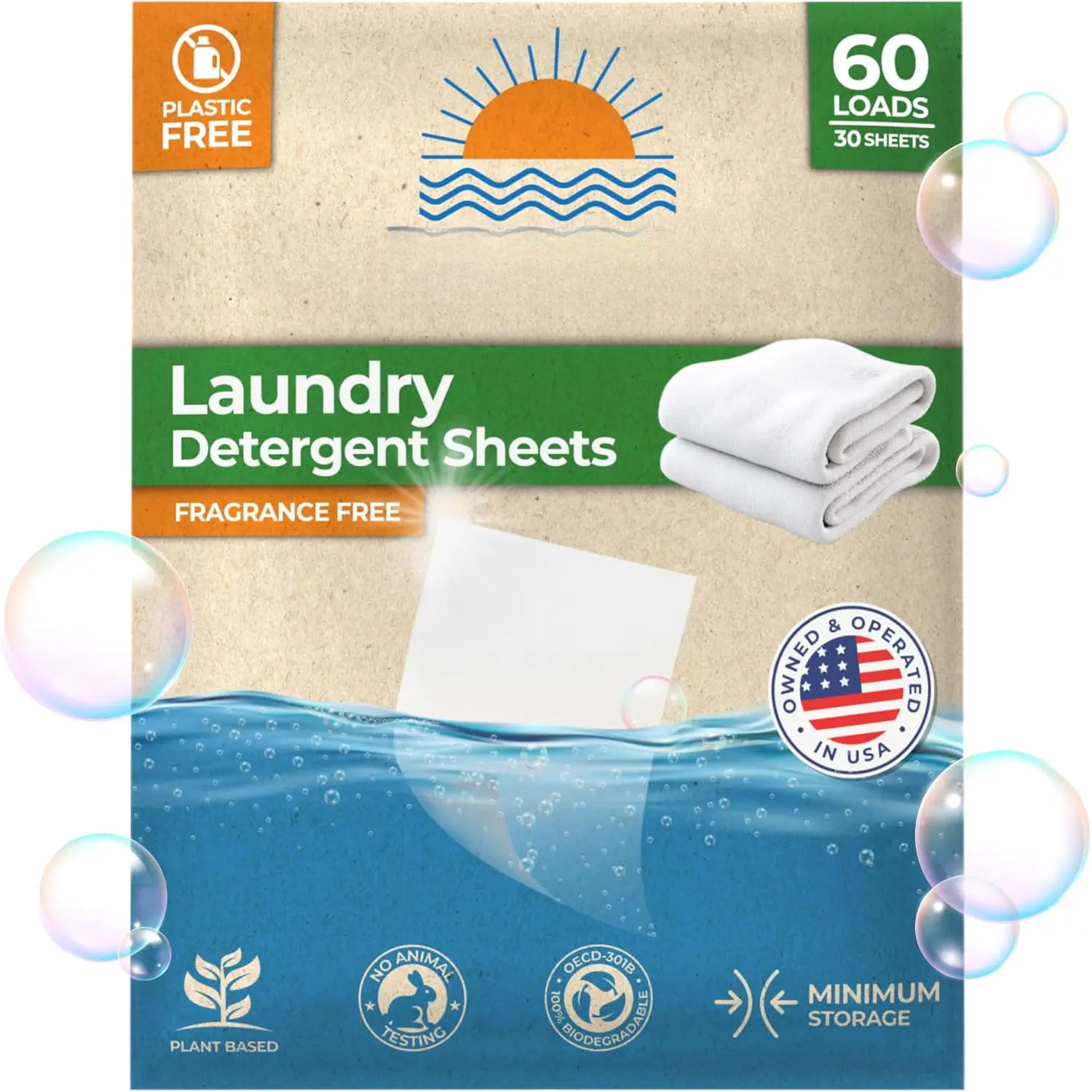 Fragrance-Free Solid Laundry Detergent Sheets - 60 Count (Pack of 1) - Botanical Extracts Formula, Home & Travel Use, Travel-Friendly, Tough Stain Removal, All-Temperature Effective