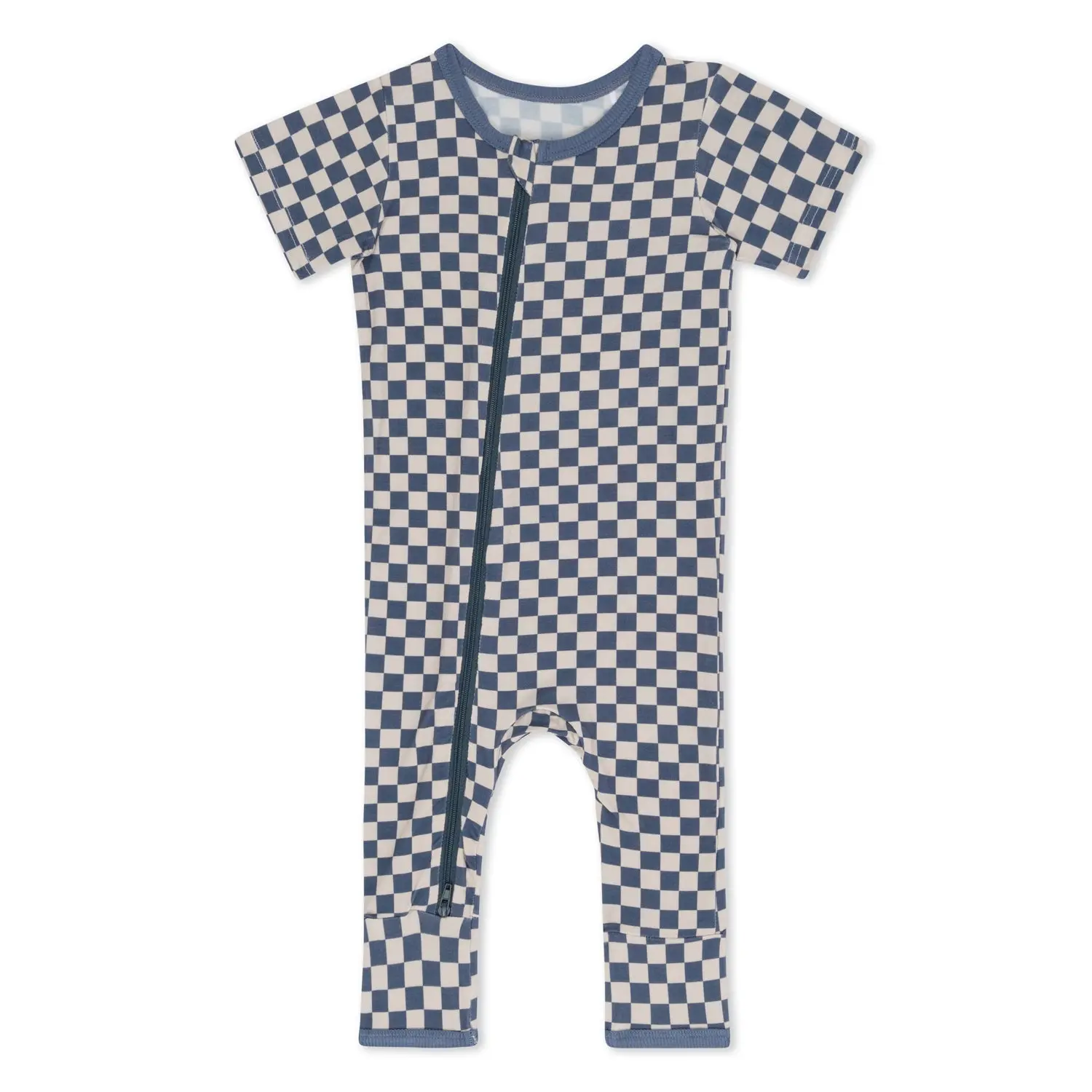 Bestaroo Checkers in Blue Romper Bamboo Baby Short Sleeve Coverall, Dual 2-Way Zipper, Soft Stretch 93/7, Snug Fit, Newborn-24M