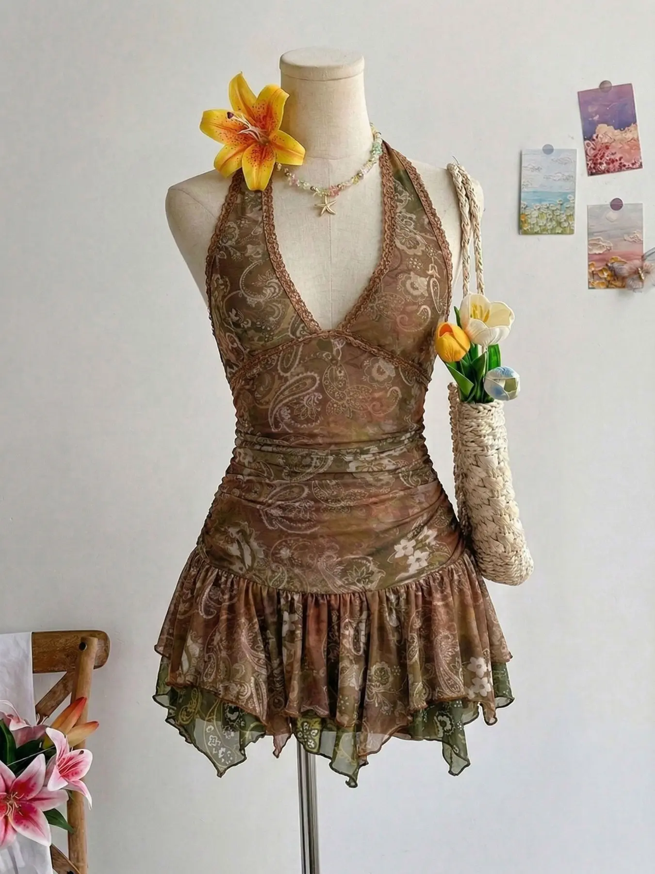 Women's Vintage Colorblock Paisley Print Sleeveless Bodycon Fitted Slip Dress, Asymmetrical Hem Mini Dress for Clubwear, Sexy Women's Fashion, Womenswear