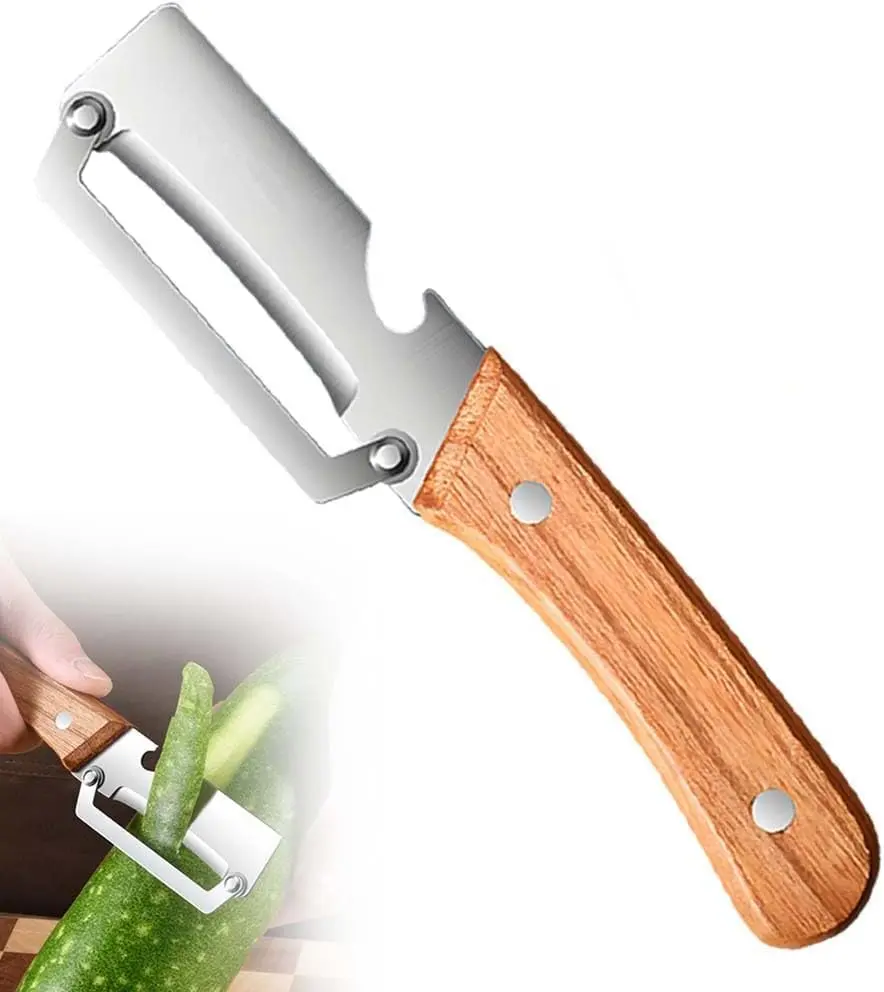 Premium Stainless Steel Vegetable Peeler with Wooden Handle and Bottle Opener, Multi-Functional Kitchen Tool for Peeling Fruit, Potato, Pumpkin, Papaya